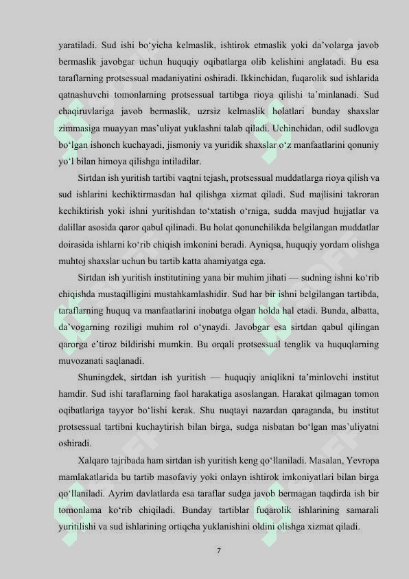 Sirtdan ish yuritish fuqarolik sud ishlarini yuritish turi sifatida kurs ishi 7