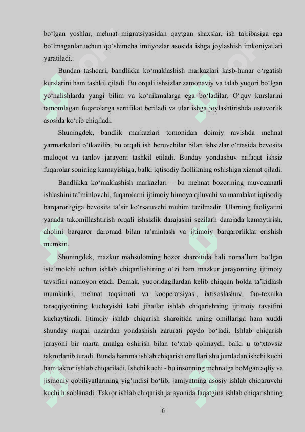 Ishsizlikni bartaraf qilishda bandlikka ko‘maklashish markazlarining tutgan o‘rni va roli kurs ishi 6