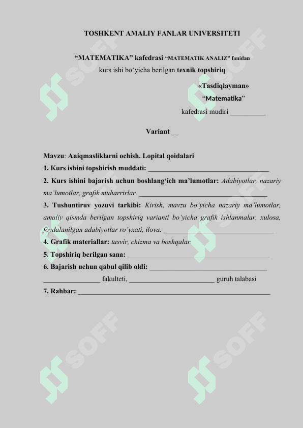 Aniqmasliklarni ochish. Lopital qoidalari. kurs ishi 2