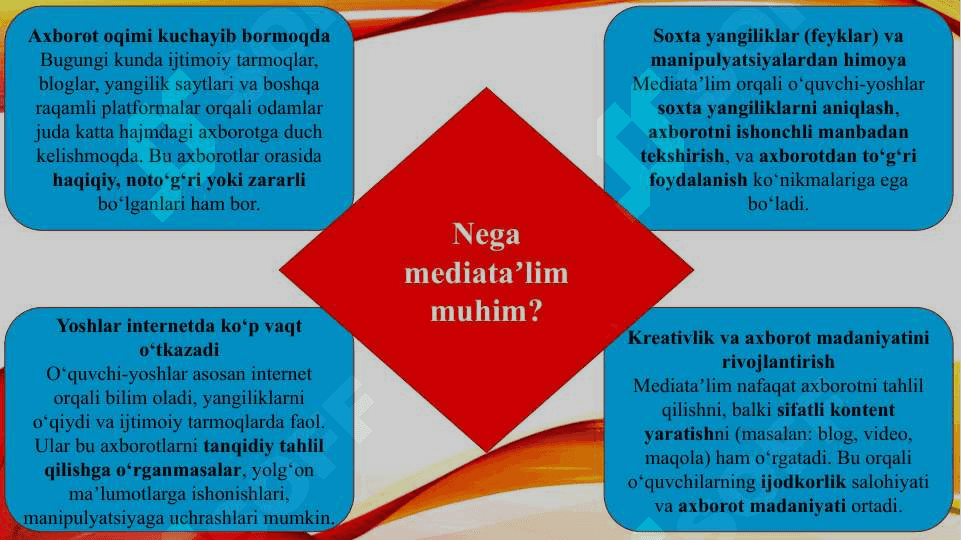 Mediata'lim va uni o'quvchi - yoshlarga o'qitishning ahamiyati (TAQDIMOT) 4