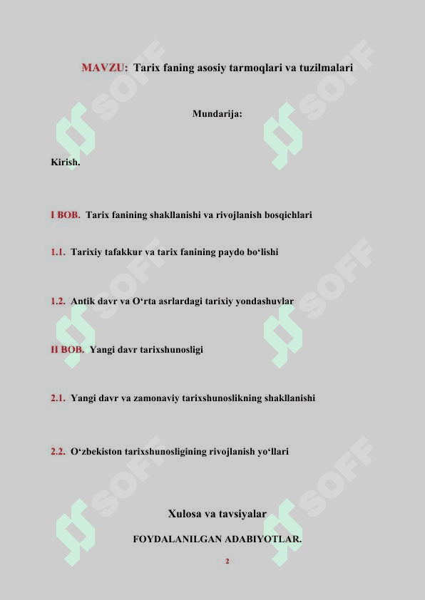 Tarix faning asosiy tarmoqlari va tuzilmalari (KURS ISHI) 2
