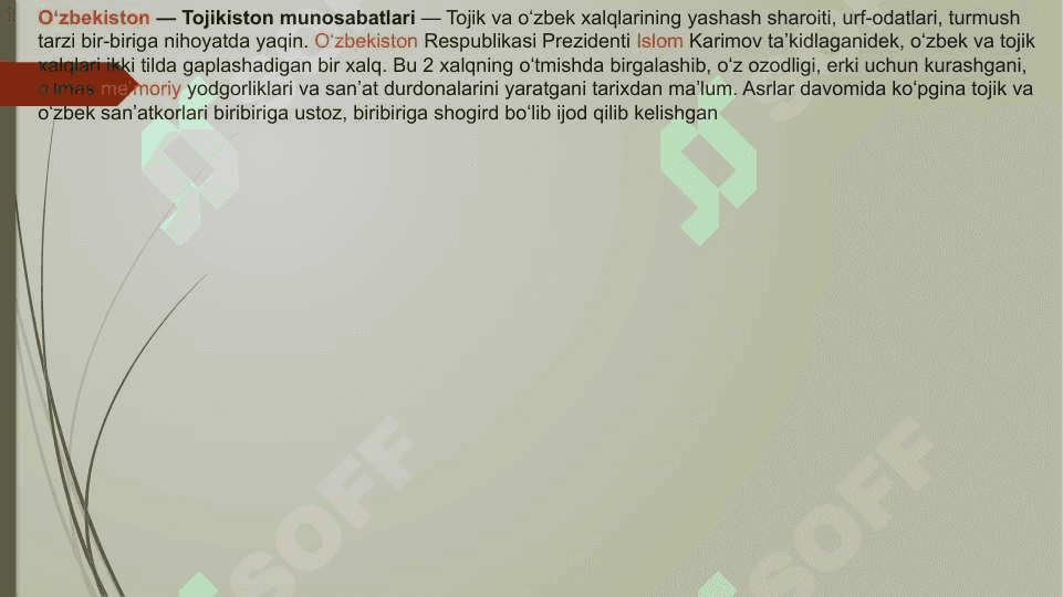 O`ZBEKISTON VA TOJIKISTON XALQARO ALOQALARI 2