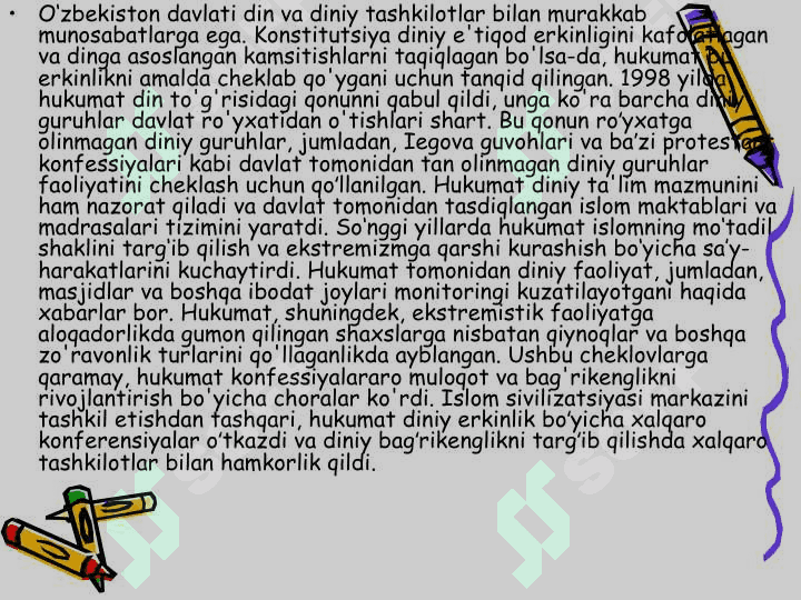 O'zbekistonda davlatning din va diniy tashkilotlar bilan munosabati. 3