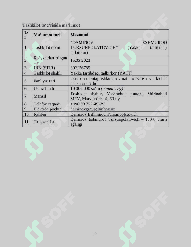 AMALIYOT HISOBOTI 
•	Tashkilot nomi: “UNIVERSAL METALLCONSTRUKSIYA” MCHJ
•	Faoliyat turi: Xizmat ko‘rsatish (metall konstruksiyalarni ishlab chiqarish, o‘rnatish va ta’mirlash xizmatlari) 3