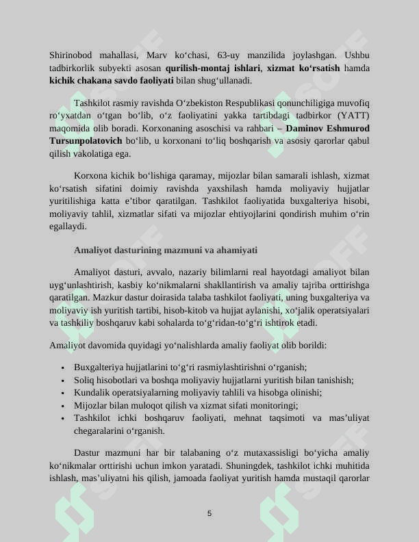 AMALIYOT HISOBOTI 
•	Tashkilot nomi: “UNIVERSAL METALLCONSTRUKSIYA” MCHJ
•	Faoliyat turi: Xizmat ko‘rsatish (metall konstruksiyalarni ishlab chiqarish, o‘rnatish va ta’mirlash xizmatlari) 5