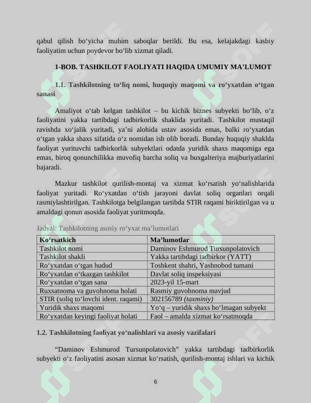 AMALIYOT HISOBOTI 
•	Tashkilot nomi: “UNIVERSAL METALLCONSTRUKSIYA” MCHJ
•	Faoliyat turi: Xizmat ko‘rsatish (metall konstruksiyalarni ishlab chiqarish, o‘rnatish va ta’mirlash xizmatlari) 6