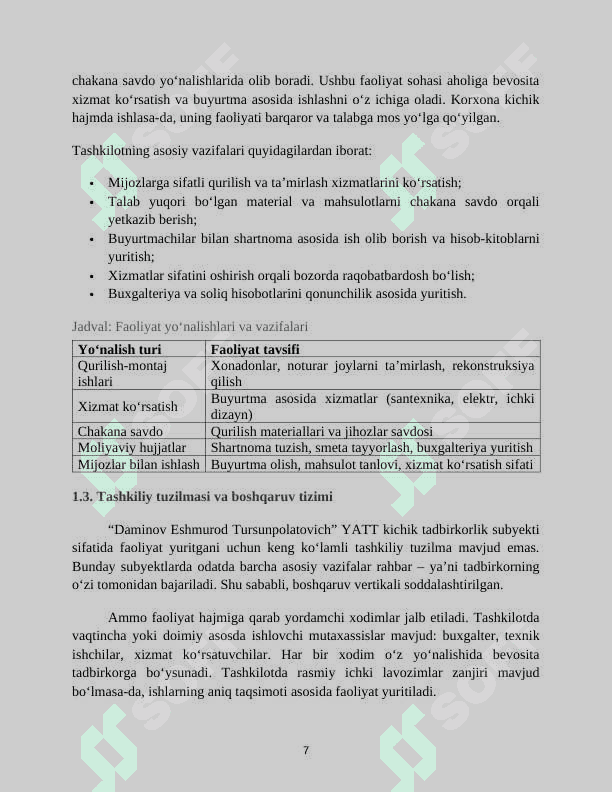 AMALIYOT HISOBOTI 
•	Tashkilot nomi: “UNIVERSAL METALLCONSTRUKSIYA” MCHJ
•	Faoliyat turi: Xizmat ko‘rsatish (metall konstruksiyalarni ishlab chiqarish, o‘rnatish va ta’mirlash xizmatlari) 7