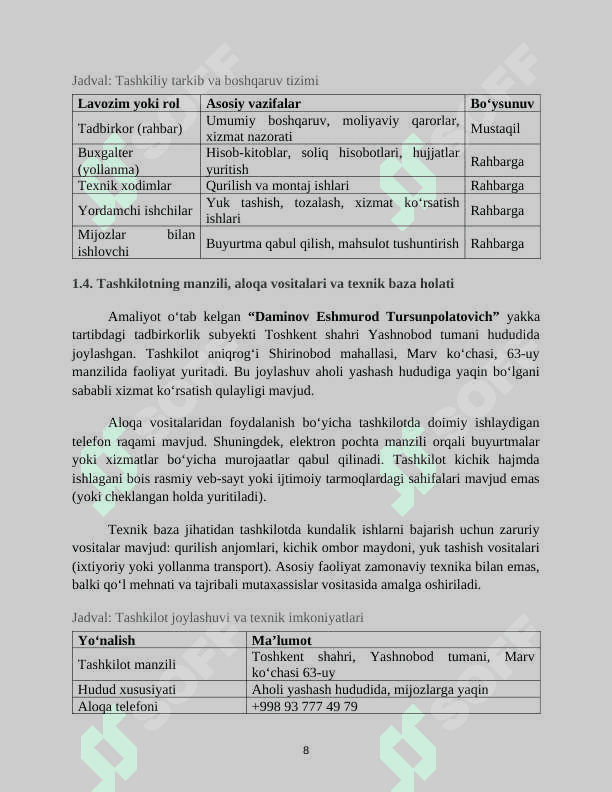 AMALIYOT HISOBOTI 
•	Tashkilot nomi: “UNIVERSAL METALLCONSTRUKSIYA” MCHJ
•	Faoliyat turi: Xizmat ko‘rsatish (metall konstruksiyalarni ishlab chiqarish, o‘rnatish va ta’mirlash xizmatlari) 8