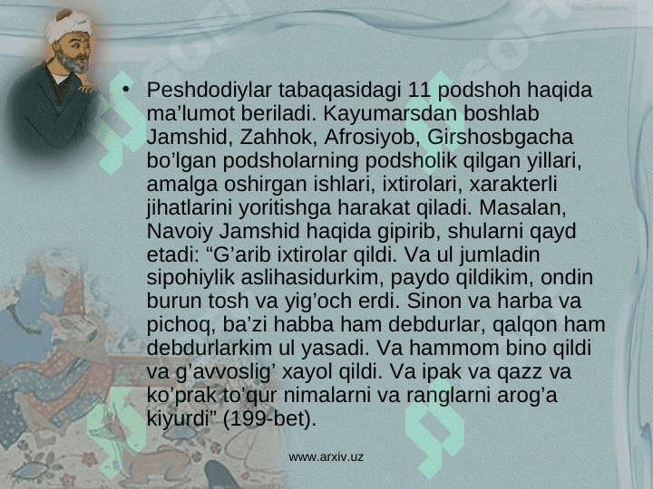 Alisher Navoiyning tarixiy asarlari “Tarixiy anbiyo va hukamo”. “Tarixi mulki ajam” 5