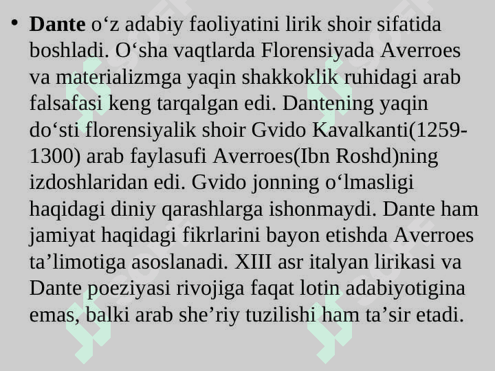 JAHON ADABIYOTIDA SHARQ VA GA`RB UYG‘ONISH  ADABIYOTI MASALASI. ITALIYADA UYG‘ONISH DAVRI 8