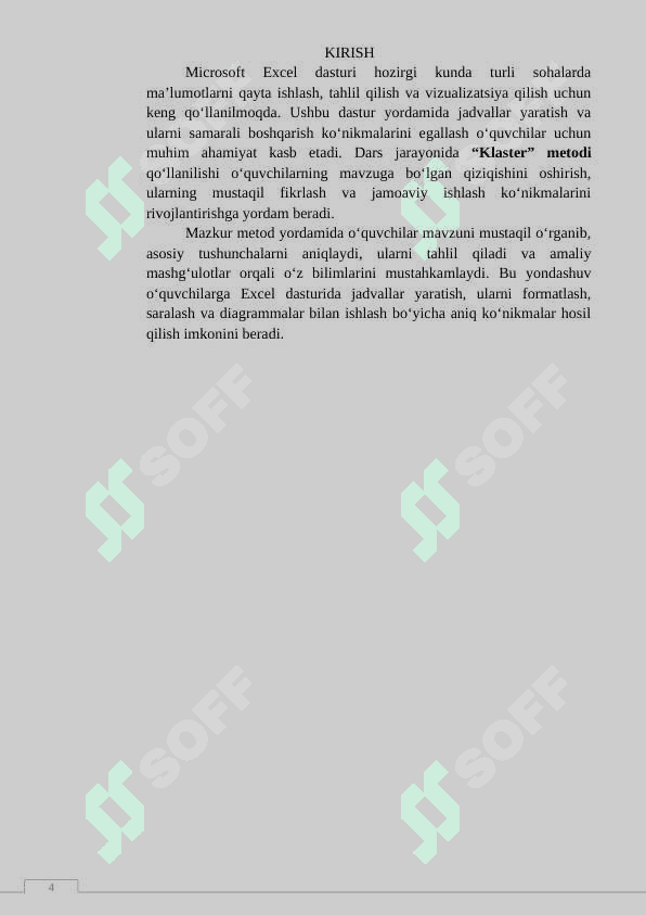 Jadvallar yaratishda Microsoft Excel dasturidan foydalanish mavzusini “Klaster” metodi orqali o‘rgatish 4