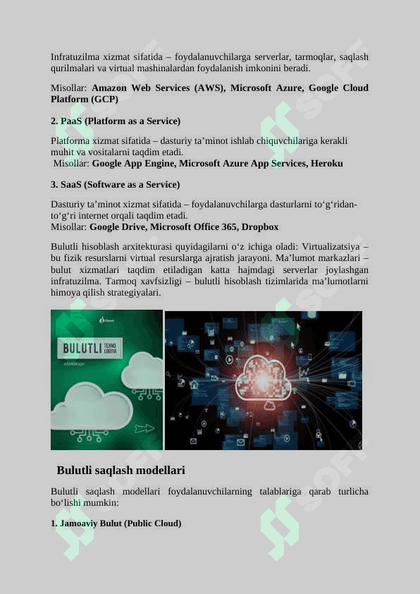 Bulutli hisoblashlar va ularning asosiy tushunchalari. Bulutli saqlash modellari. 2