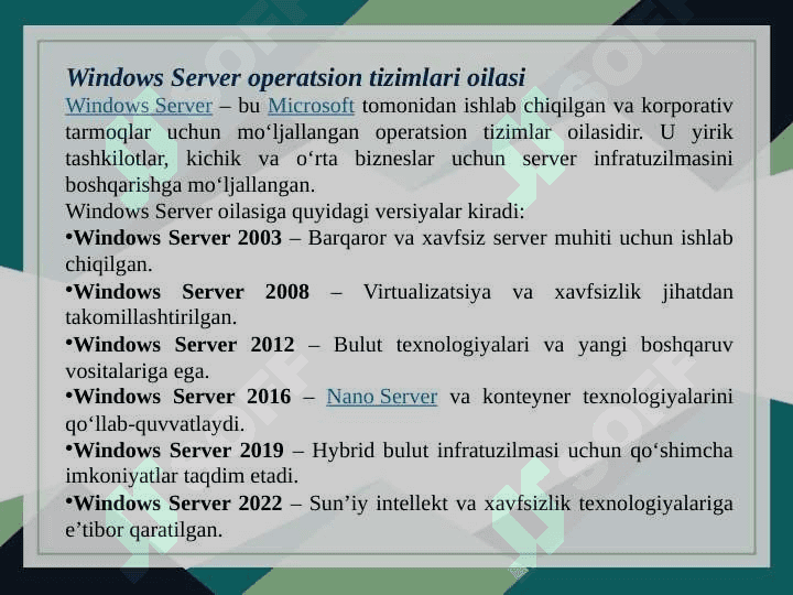 Tarmoq aperatsion tizimlari(windows server OT oilasi misolida. 3
