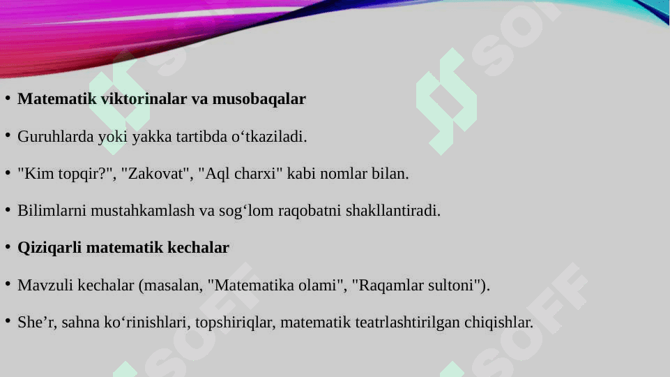 Boshlang'ich sinfda matematikadan sinfdan tashqari tashkil qilish turlari 4
