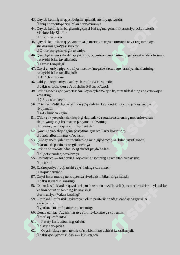 Agros savollar gematologiya bulimi mutaxasisligi buyicha shakllantirilgan test savollar va javoblari 3