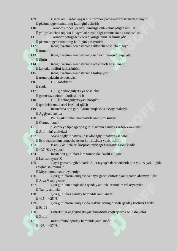 Agros savollar gematologiya bulimi mutaxasisligi buyicha shakllantirilgan test savollar va javoblari 6