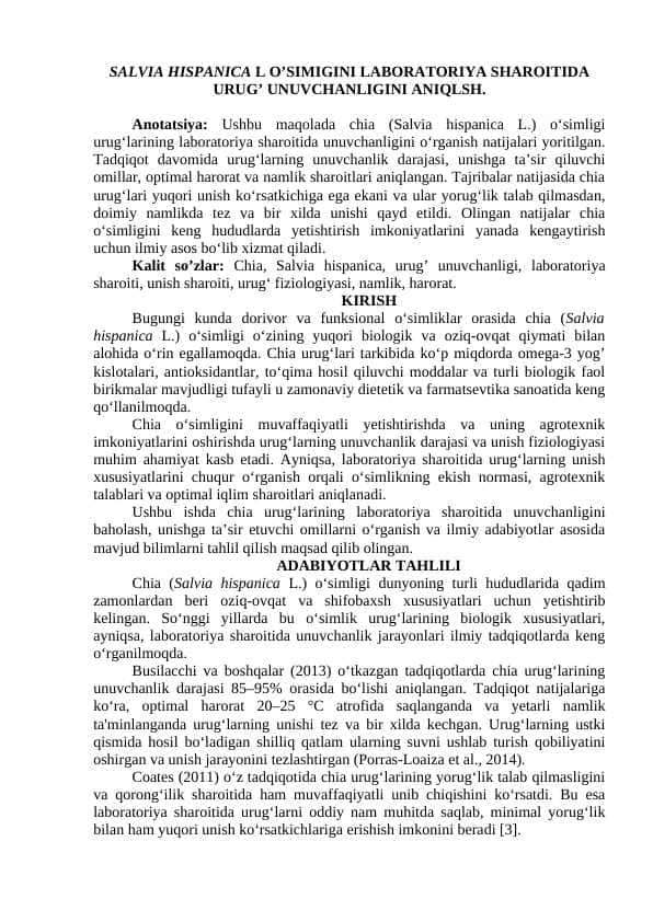 SALVIA HISPANICA L O’SIMIGINI LABORATORIYA SHAROITIDA URUG’ UNUVCHANLIGINI ANIQLSH