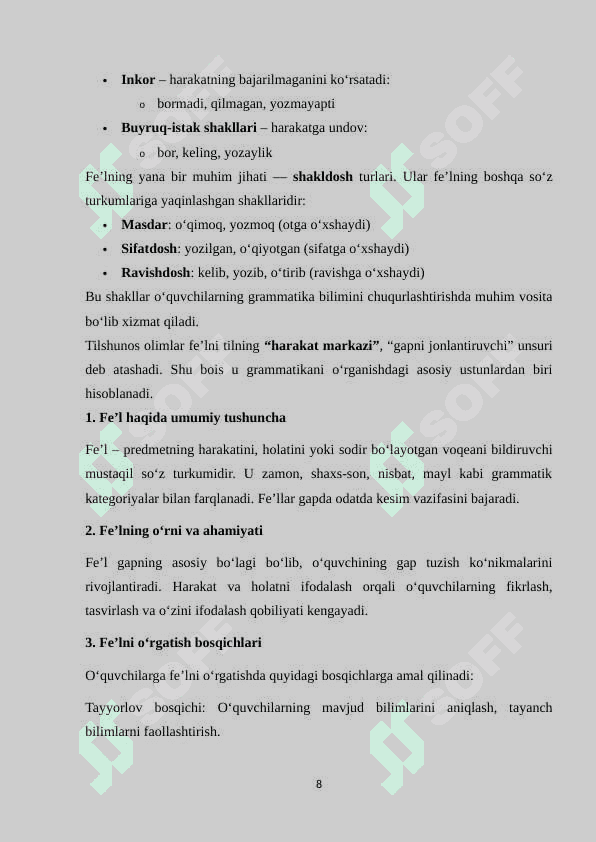 “4-SINFDA FE’L ZAMONLARI’’ MAVZUSINI O’RGATISH METODIKASI 8