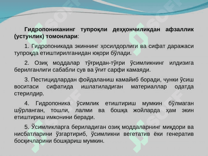 Замонавий гидропоник иссиқхоналарида сабзавот етиштириш технологияси 5