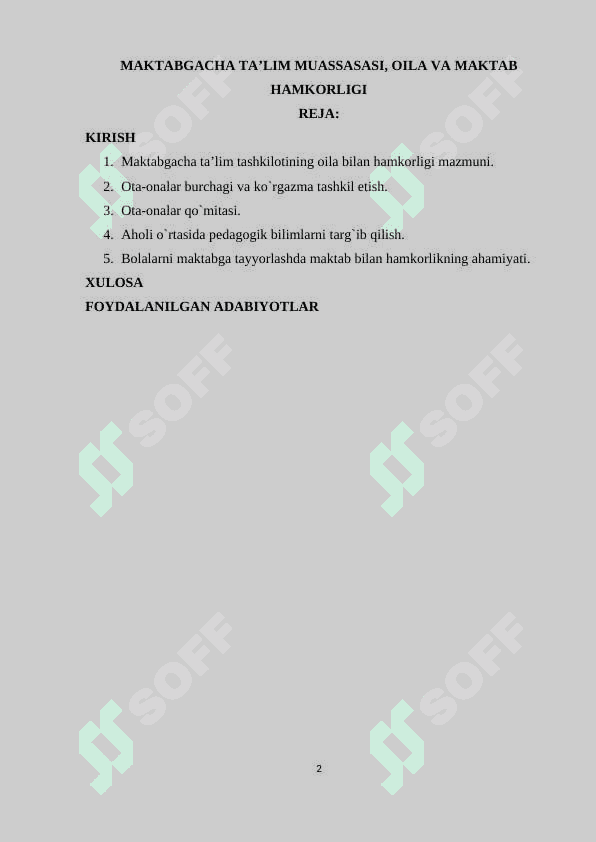 MAKTABGACHA TA’LIM MUASSASASI, OILA VA MAKTAB HAMKORLIGI 2