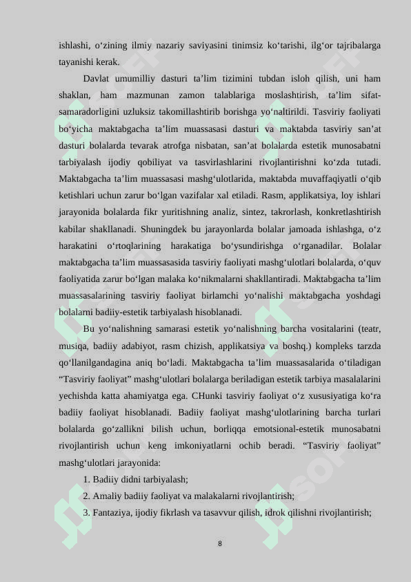 TASVIRIY FAOLIYAT MASHG'ULOTLARINI LOYIHALASHTIRISH 8