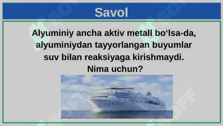 Alyuminiy xossalari. Laboratoriya ishi Alyuminiyning kislota va asos eritmalari bilan o‘zaro ta’siri 6