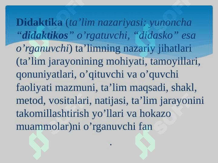 Didaktika –ta’lim nazariyasi sifatida. O’qitish tamoyillari metodlari va uni tashkil etish shakllari 2