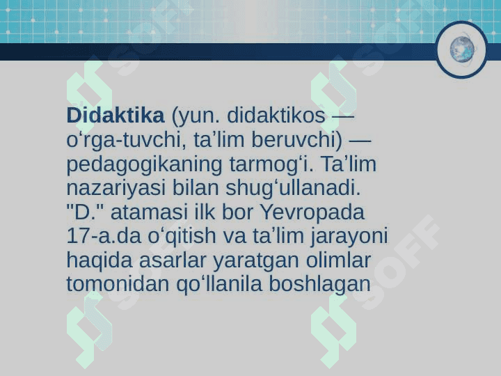 Didaktika –ta’lim nazariyasi sifatida. O’qitish tamoyillari metodlari va uni tashkil etish shakllari 2