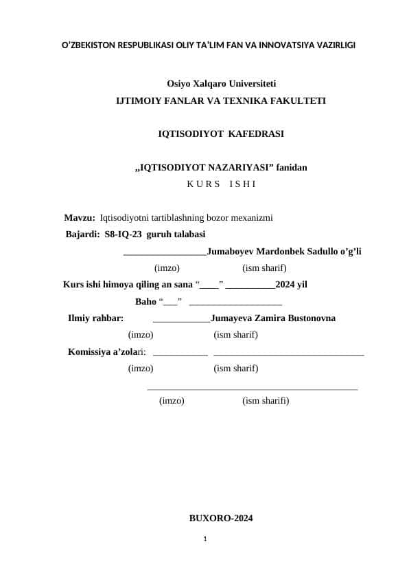 Iqtisodiyotni tartiblashning bozor mexanizmi
