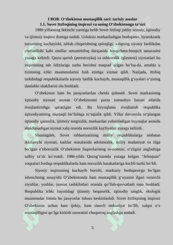 O'ZBEKISTON MUSTAQILLIK OSTONASIDA RESPUBLIKADAGI TARIXIY SHART SHAROITLAR 5