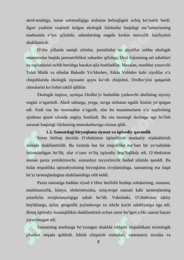 O'ZBEKISTON MUSTAQILLIK OSTONASIDA RESPUBLIKADAGI TARIXIY SHART SHAROITLAR 8