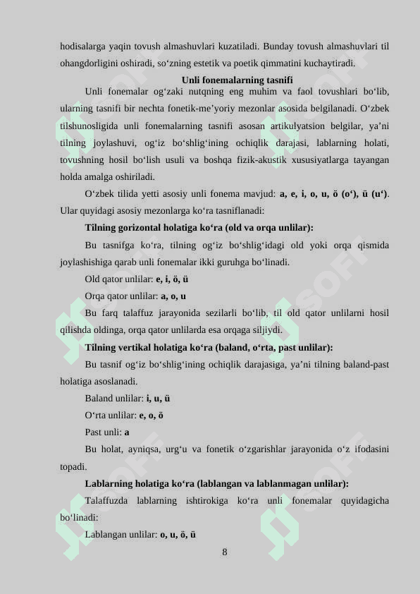 O‘zbek tilshunosligida unli fonemalar tavsifi 8