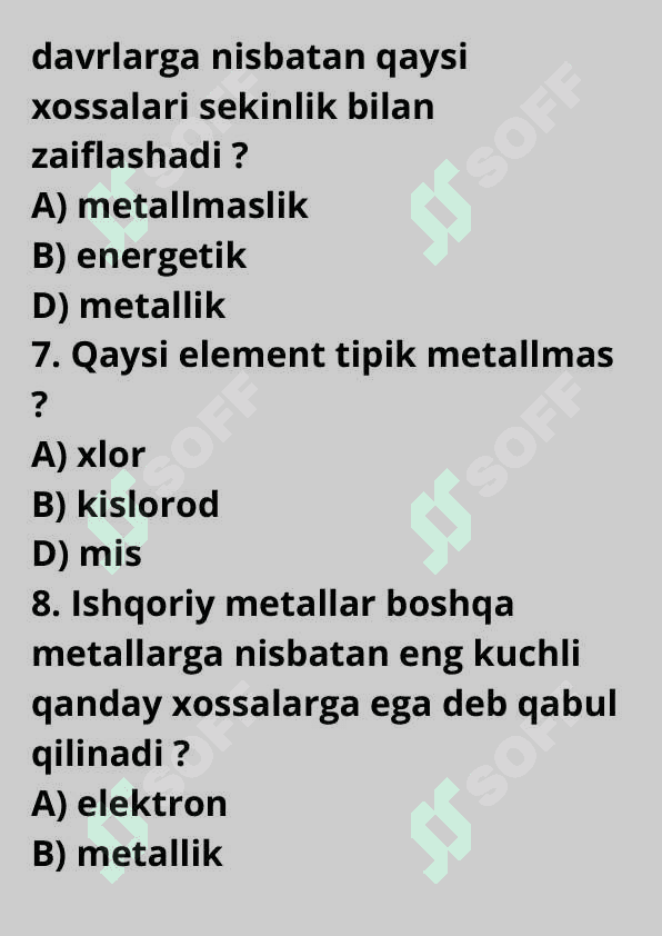 Kimyo / 9-sinf kitobidan test savollari / Mavzu : Davr va guruhlarda elementlar xossalarining oʻzgarishi asosida tuzilgan/ N_20 ta 3