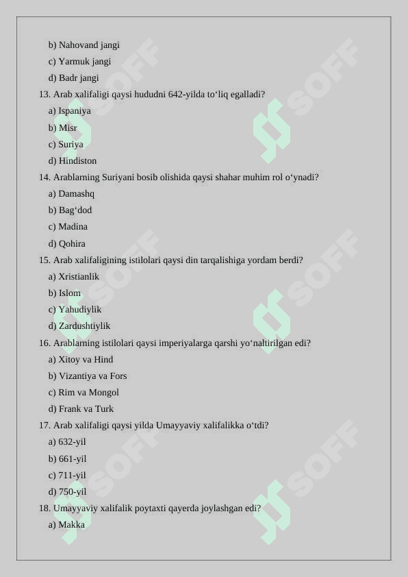 Arab xalifaligining istilochilik yurishlari test 3