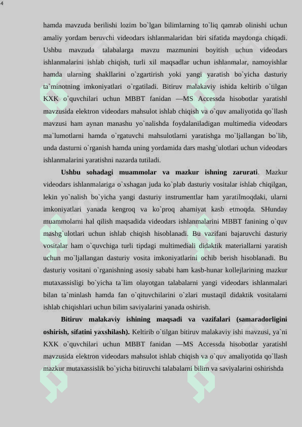 KXK o`quvchilari uchun MBBT fanidan “MS Accessda hisobotlar yaratish” mavzusida elеktron vidеodars mahsulot ishlab chiqish va o`quv amaliyotida qo`llash. 4