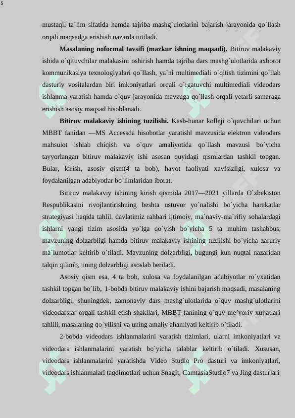 KXK o`quvchilari uchun MBBT fanidan “MS Accessda hisobotlar yaratish” mavzusida elеktron vidеodars mahsulot ishlab chiqish va o`quv amaliyotida qo`llash. 5