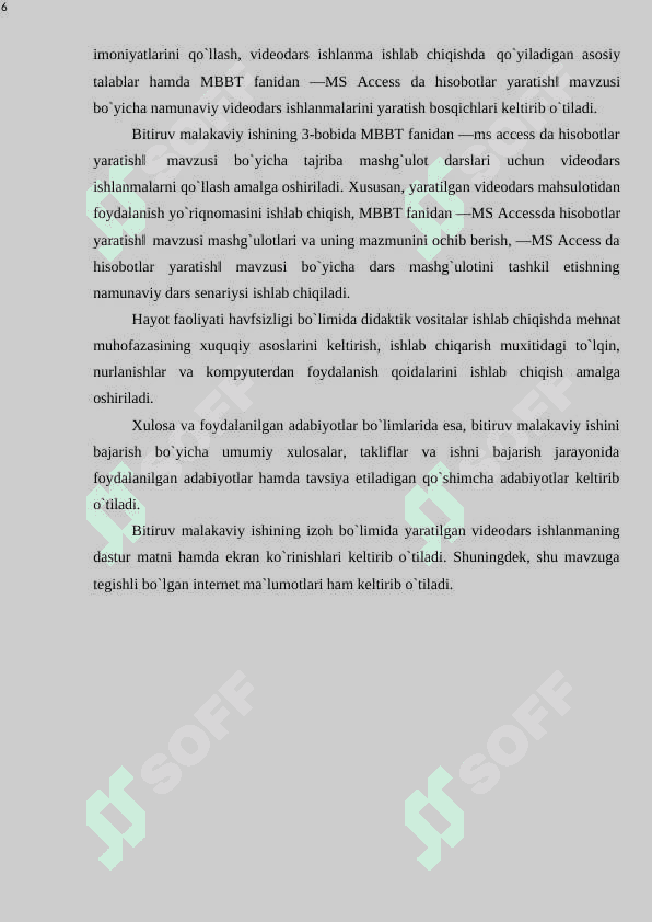 KXK o`quvchilari uchun MBBT fanidan “MS Accessda hisobotlar yaratish” mavzusida elеktron vidеodars mahsulot ishlab chiqish va o`quv amaliyotida qo`llash. 6