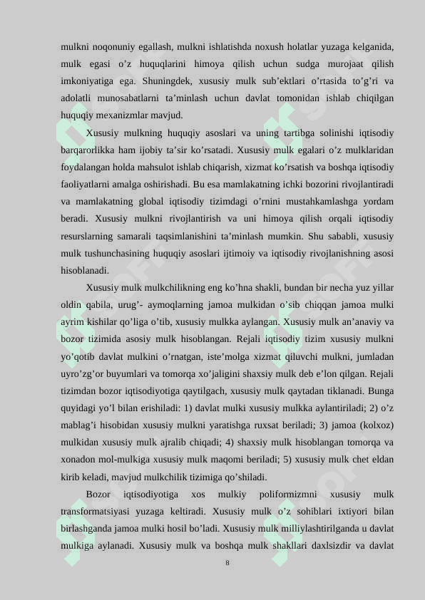 Xususiy mulk tushunchasi. ob’ektlari va sub’ektlari 8