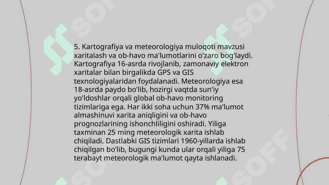 Kartografiyaning boshqa fanlar bilan aloqalari va boshqa fanlarni o‘rganishda asosiy man’ba bo‘lib xizmat qilinishi 7