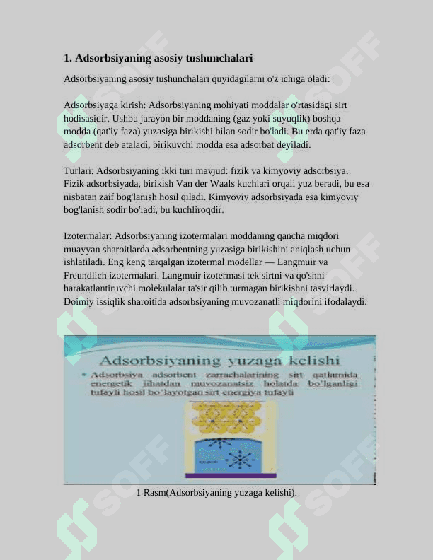 ADSORBSIYA.ADDRSORBSIYA USULIDA MODDALARNING ADSORBENT SIRTIDA YUTILISH DARAJALARINI OʻRGANISH.KIMYOVIY REAKSIYALARNING TEZLIGIGA TAʼSIR ETUVCHI OMILLAR 3