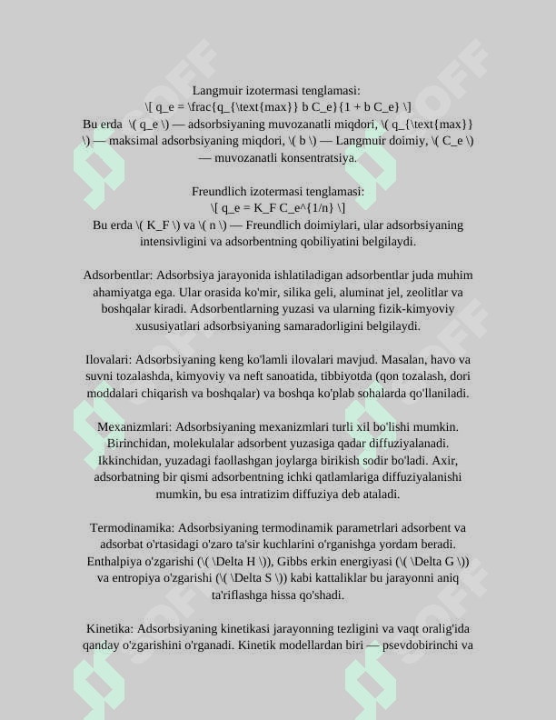 ADSORBSIYA.ADDRSORBSIYA USULIDA MODDALARNING ADSORBENT SIRTIDA YUTILISH DARAJALARINI OʻRGANISH.KIMYOVIY REAKSIYALARNING TEZLIGIGA TAʼSIR ETUVCHI OMILLAR 4