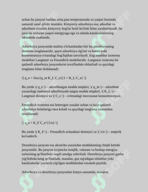 ADSORBSIYA.ADDRSORBSIYA USULIDA MODDALARNING ADSORBENT SIRTIDA YUTILISH DARAJALARINI OʻRGANISH.KIMYOVIY REAKSIYALARNING TEZLIGIGA TAʼSIR ETUVCHI OMILLAR 6