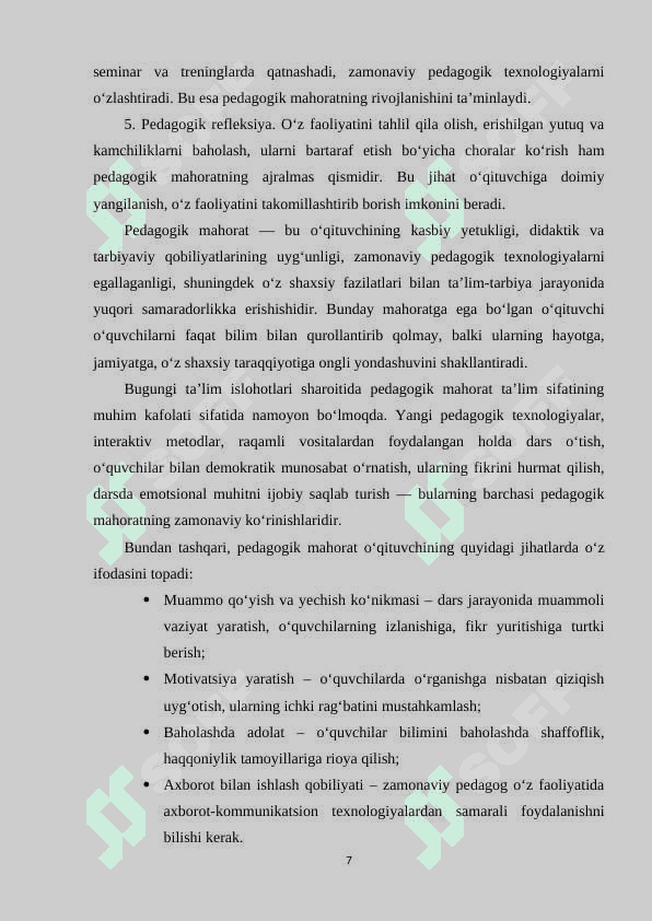 Pedagogik mahorat haqida tushuncha, uning o‘qituvchi faoliyatida tutgan o‘rnin va ahamiyati 7