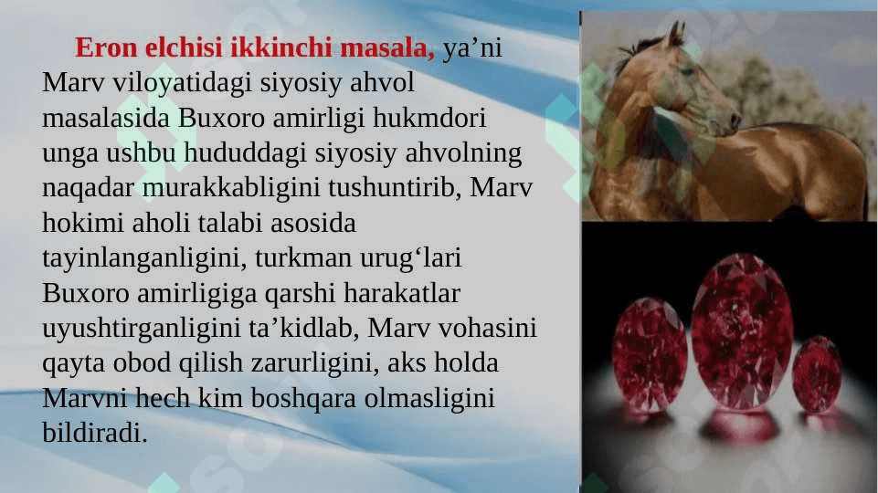 O‘rta Osiyo xonliklarining Eron, Hindiston, Xitoy va Turkiya davlatlari bilan savdo va diplomatik aloqalari. Rossiyaning O‘rta Osiyoga yuborgan elchilari 8