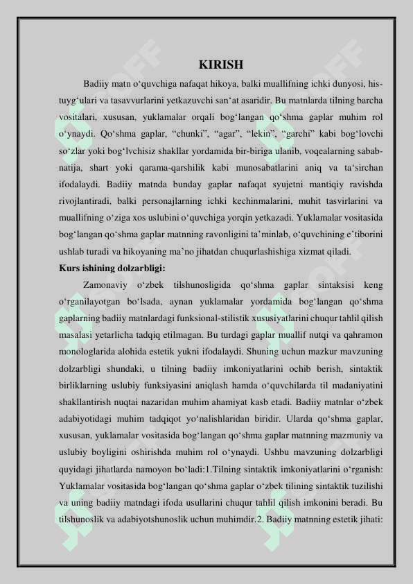Badiiy matnda yuklamalar vositasida bog‘langan qo‘shma gaplar mavzusida kurs ishi 3