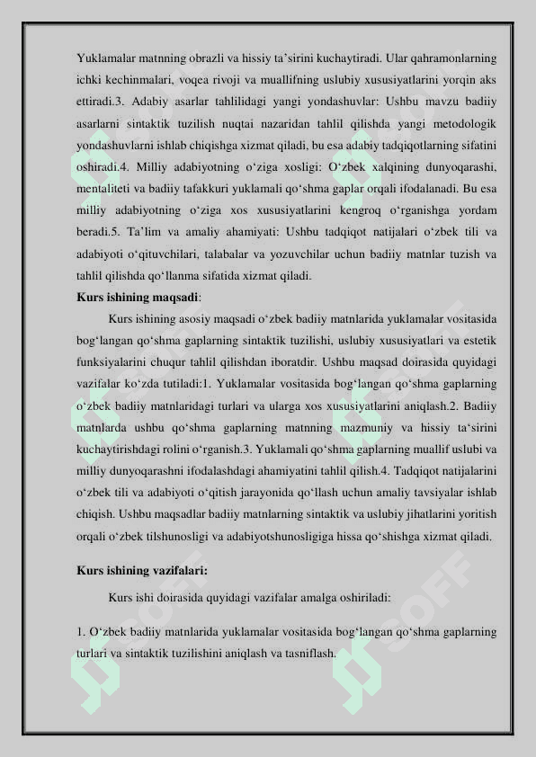 Badiiy matnda yuklamalar vositasida bog‘langan qo‘shma gaplar mavzusida kurs ishi 4