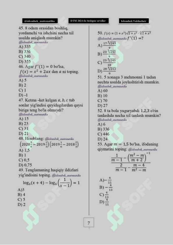 Matematika DTM 2024 savollari 7