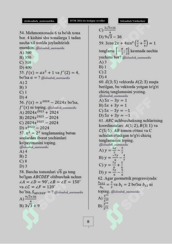Matematika DTM 2024 savollari 8