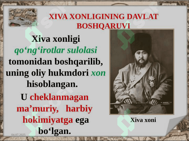 OʻRTA OSIYO XONLIKLARI IQTISODIY VA SIYOSIY TARIXINING TARIXSHUNOSLIK UA MANBASHUNOSLIK MASALALARI 7