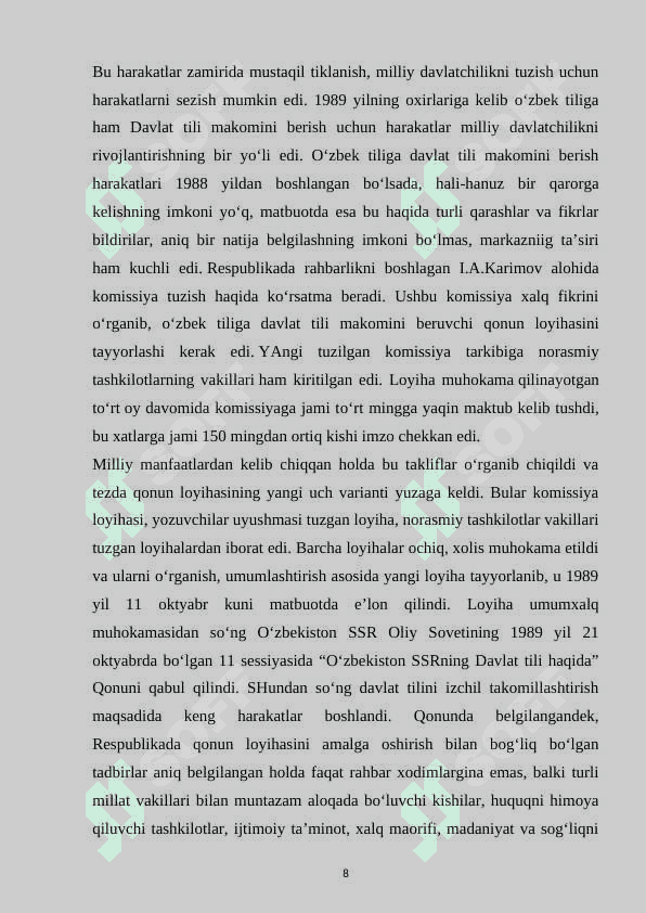 MUSTAQIL O’ZBEKISTON RESPUBLIKASINING TASHKIL TOPISHI VA UNING TARIXIY AHAMIYATI 8